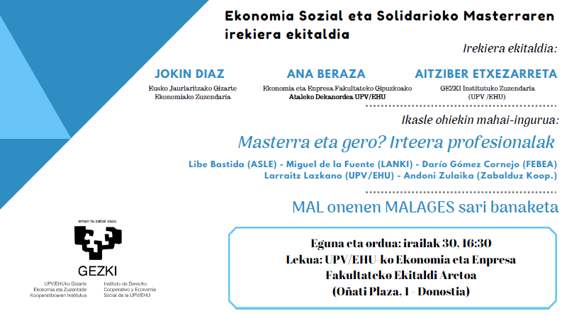 GEZKIk Ekonomia Sozial eta Solidarioko Masterraren irekiera ekitaldira gonbidatzen zaitu
